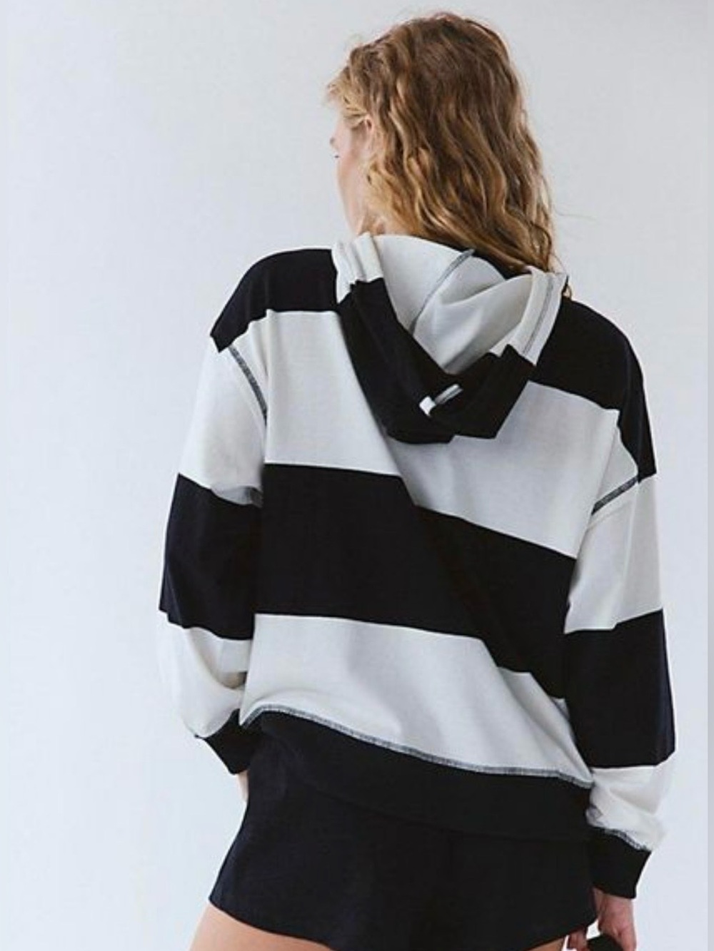 NWOT Free People Movement black and white striped rugby hooded pullover & shorts - Picture 2 of 7